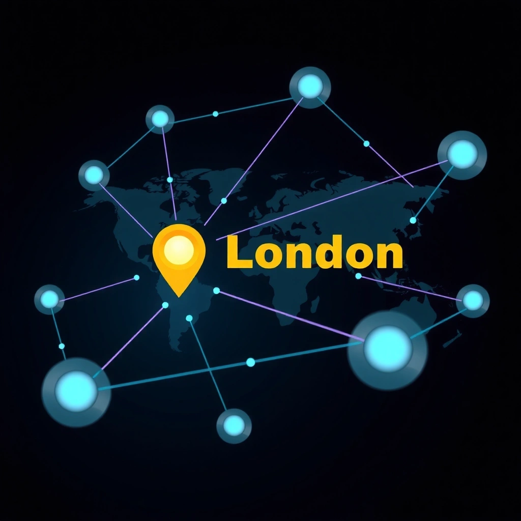 Abstract map showing London as a central node in a global network